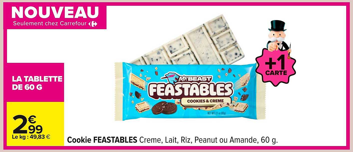 Cookie FEASTABLES Crème, Lait, Riz, Peanut ou Amande, 60 g.