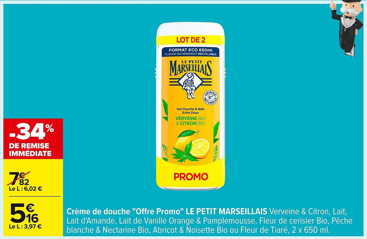 Crème de douche "Offre Promo" LE PETIT MARSEILLAIS Verveine & Citron