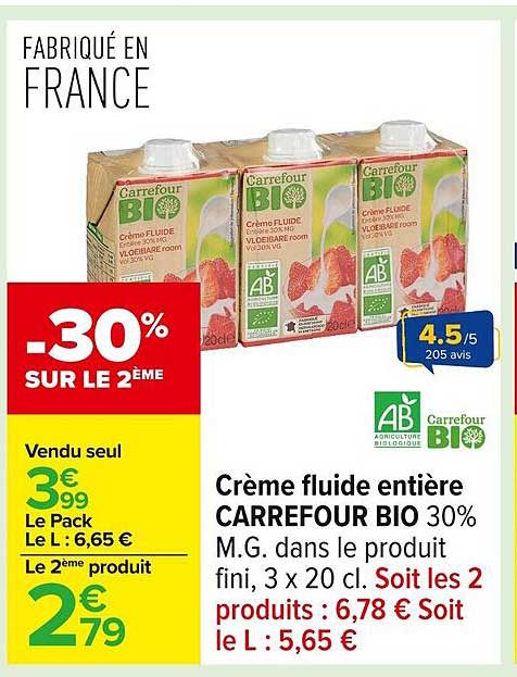 Crème fluide entière CARREFOUR BIO 30% M.G.