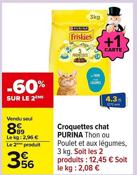 Croquettes chat PURINA Thon ou Poulet et aux légumes, 3 kg.