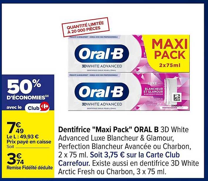 Dentifrice "Maxi Pack" ORAL B 3D White Advanced Luxe Blanchisseur & Glamour
