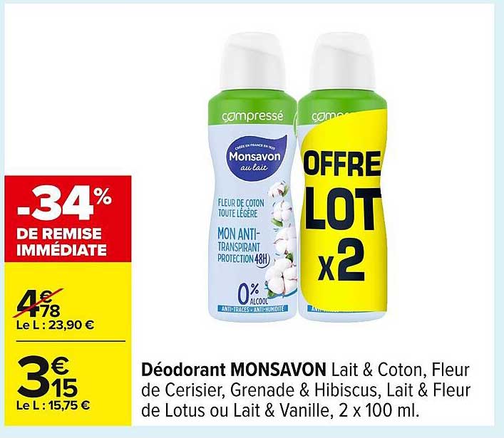 Déodorant MONSAVON Lait & Coton, Fleur de Cerisier, Grenade & Hibiscus, Lait & Fleur de Lotus ou Lait & Vanille, 2 x 100 ml.