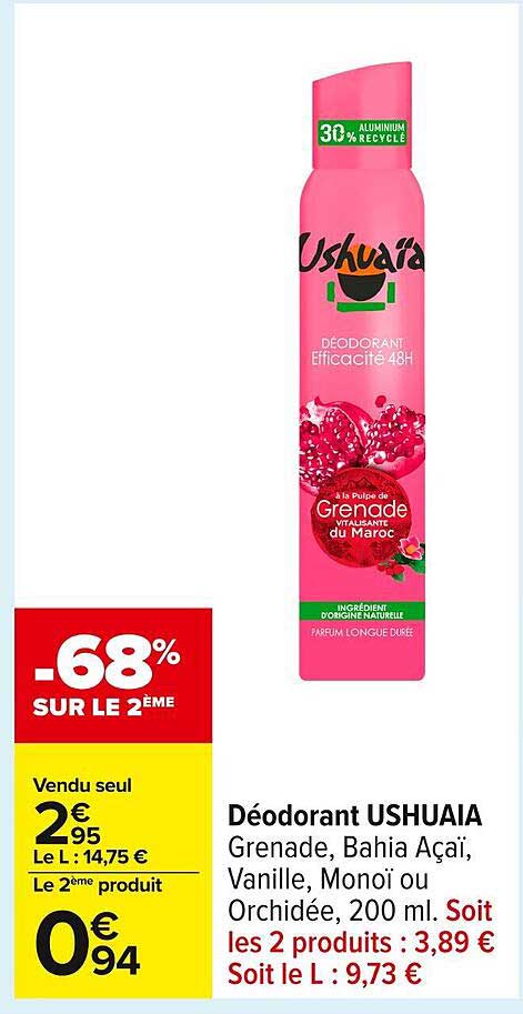 Déodorant USHUAIA Grenade, Bahia Açaï, Vanille, Monoi ou Orchidée, 200 ml