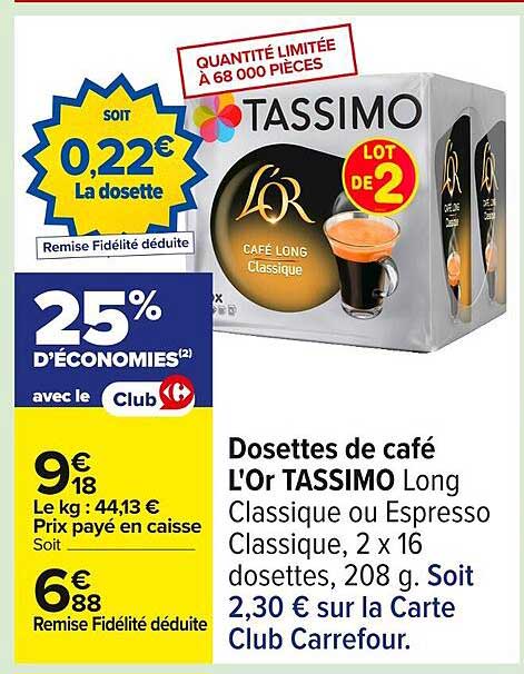 Dosettes de café L'Or TASSIMO Long Classique ou Espresso Classique, 2 x 16 dosettes, 208 g