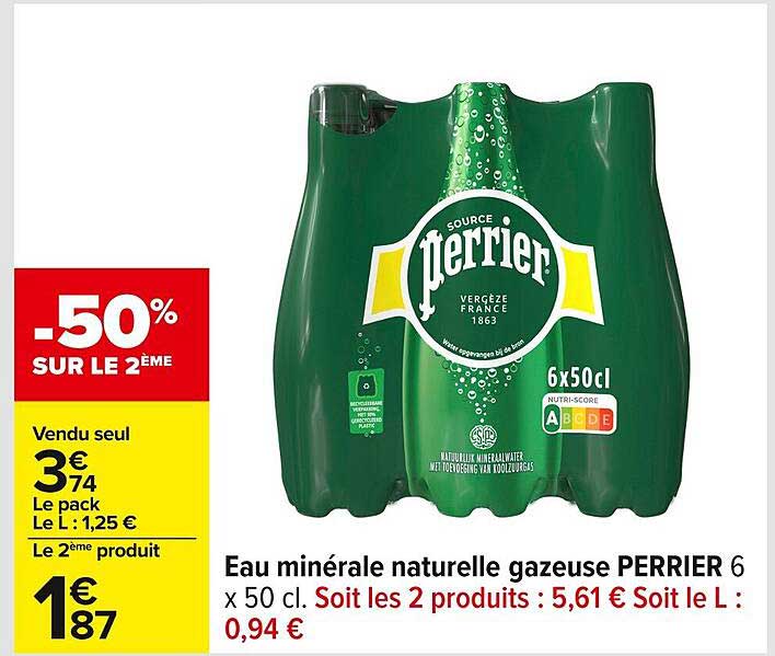 Eau minérale naturelle gazeuse PERRIER 6 x 50 cl