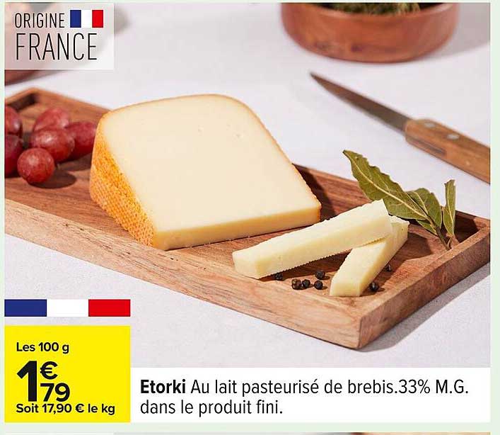 Etorki Au lait pasteurisé de brebis.33% M.G. dans le produit fini.