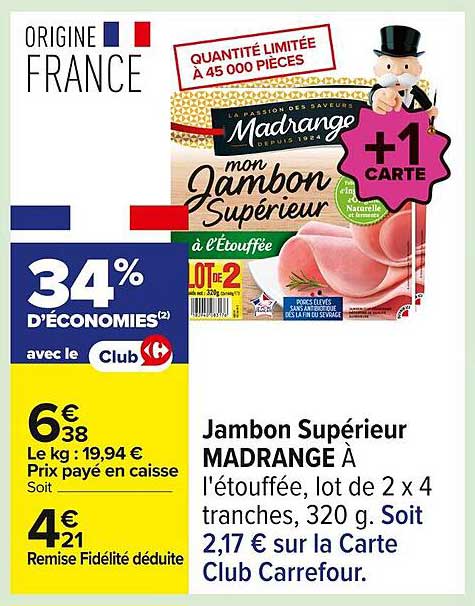Jambon Supérieur MADRANGE À l'étouffée, lot de 2 x 4 tranches, 320 g