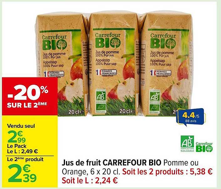 Jus de fruit CARREFOUR BIO Pomme ou Orange, 6 x 20 cl