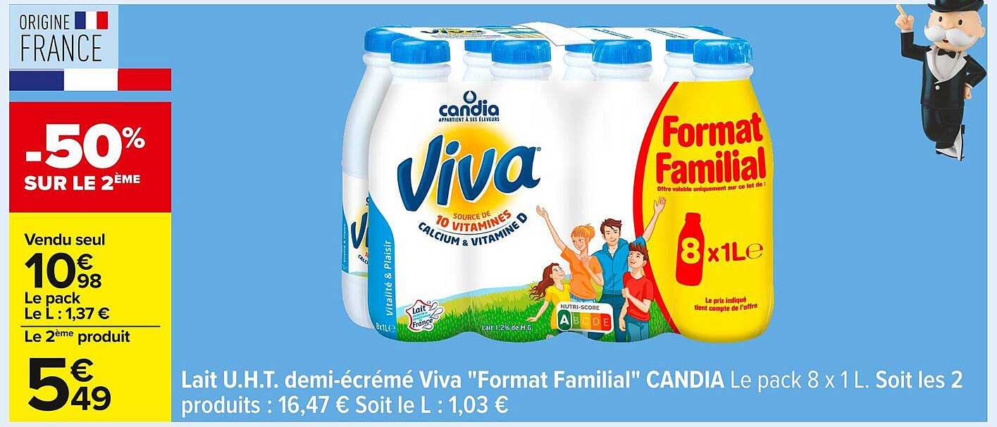 Lait U.H.T. demi-écrémé Viva "Format Familial" CANDIA