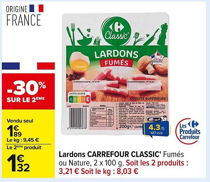 Lardons CARREFOUR CLASSIC' Fumés ou Nature, 2 x 100 g