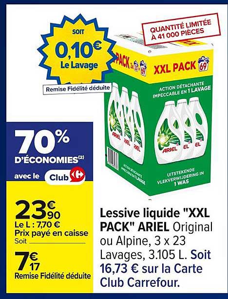 Lessive liquide "XXL PACK" ARIEL Original ou Alpine, 3 x 23 Lavages