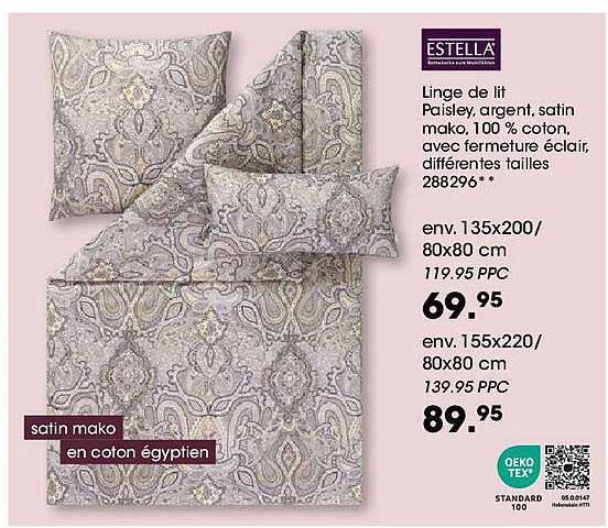 Linge de lit Paisley, argent, satin mako, 100 % coton