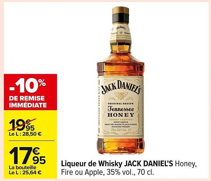 Liqueur de Whisky JACK DANIEL'S Honey, Fire ou Apple, 35% vol., 70 cl.