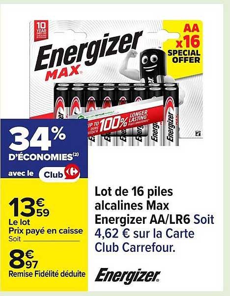 Lot de 16 piles alcalines Max Energizer AA/LR6