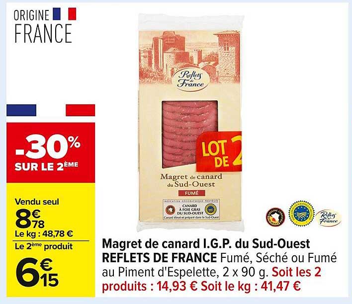 Magret de canard I.G.P. du Sud-Ouest REFLETS DE FRANCE Fumé, Séché ou Fumé au Piment d'Espelette, 2 x 90 g