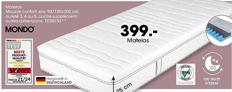 Matelas Mousse confort, env. 90/100x200 cm, durée 3, 4 ou 5, contre supplément: autres dimensions, 1020133