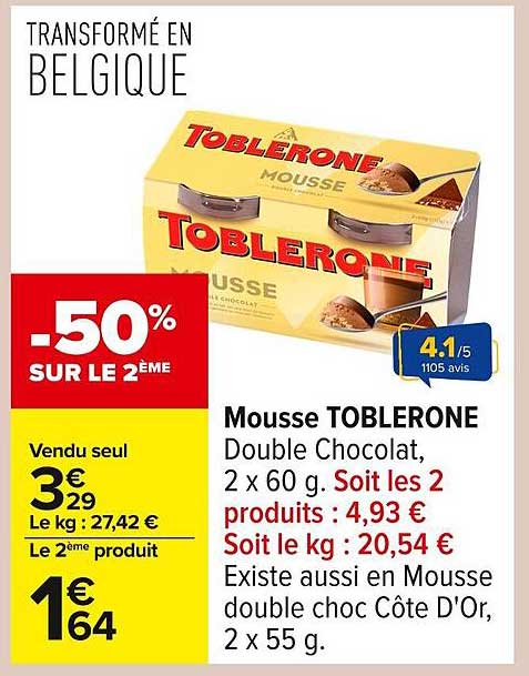 Mousse TOBLERONE Double Chocolat, 2 x 60 g