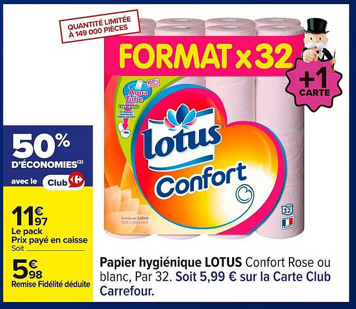 Papier hygiénique LOTUS Confort Rose ou blanc, Par 32.