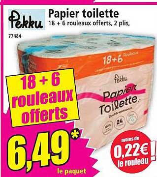 Papier toilette 18 + 6 rouleaux offerts, 2 plis