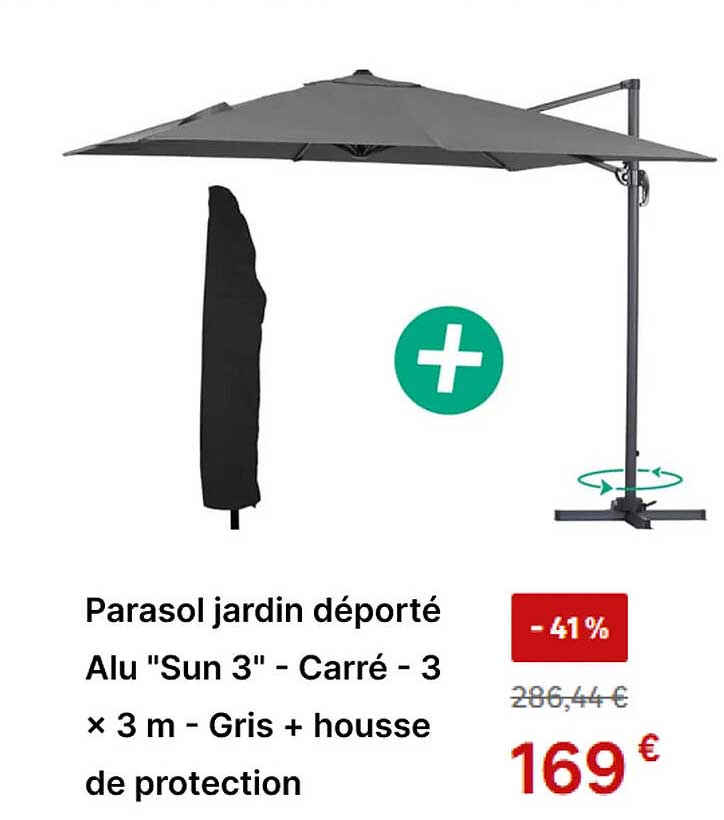 Parasol jardin déporté Alu "Sun 3" - Carré - 3 × 3 m - Gris + housse de protection