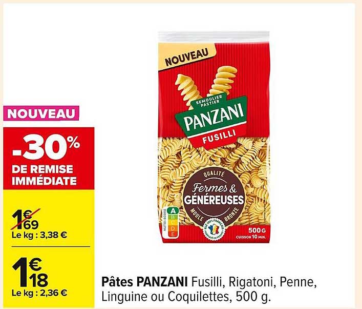 Pâtes PANZANI Fusilli, Rigatoni, Penne, Linguine ou Coquillettes, 500 g.