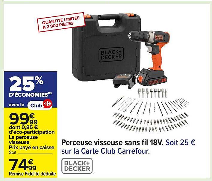 Perceuse visseuse sans fil 18V. Soit 25 € sur la Carte Club Carrefour.