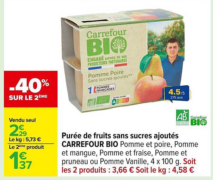 Purée de fruits sans sucres ajoutés CARREFOUR BIO Pomme et poire, Pomme et mangue, Pomme et fraise, Pomme et pruneau ou Pomme Vanille, 4 x 100 g