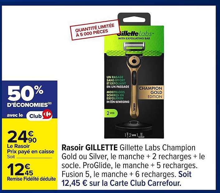 Rasoir GILLETTE Gillette Labs Champion Gold ou Silver, le manche + 2 recharges + le socle.