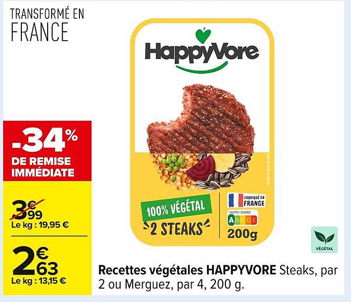 Recettes végétales HAPPYVORE Steaks, par 2 ou Merguez, par 4, 200 g.