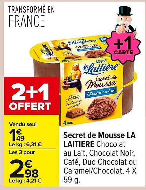 Secret de Mousse LA LAITIERE Chocolat au Lait, Chocolat Noir, Café, Duo Chocolat ou Caramel/Chocolat, 4 X 59 g