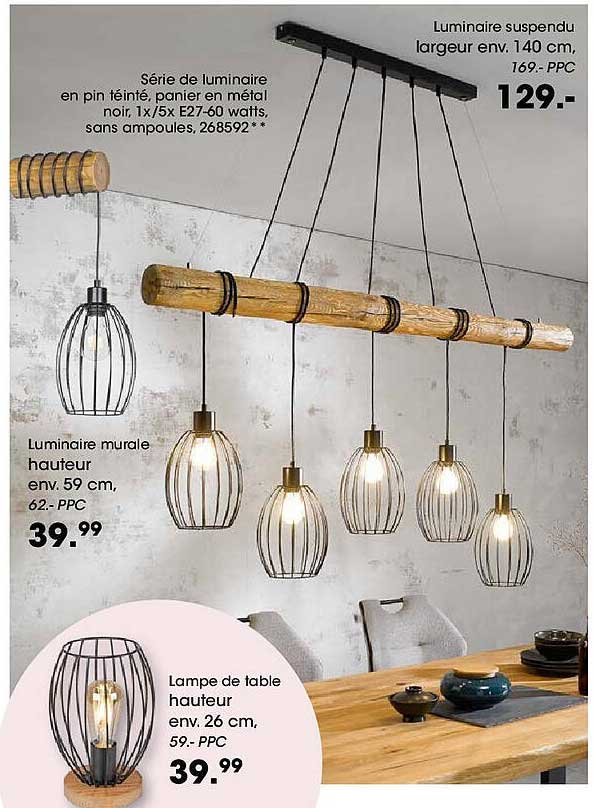 Série de luminaire en pin teinté, panier en métal noir, 1x/5x E27-60 watts, sans ampoules, 268592**