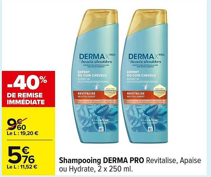 Shampooing DERMA PRO Revitalise, Apaise ou Hydrate, 2 x 250 ml.