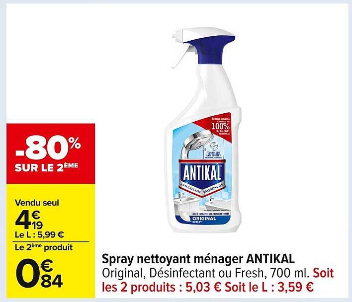 Spray nettoyant ménage ANTIKAL Original, Désinfectant ou Fresh, 700 ml.
