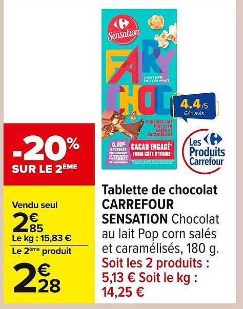 Tablette de chocolat CARREFOUR SENSATION Chocolat au lait Pop corn salés et caramélisés, 180 g.