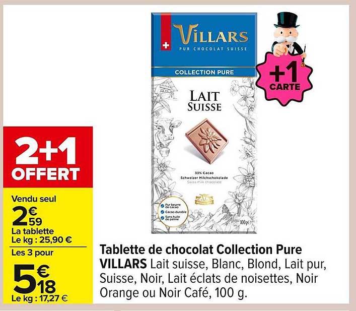 Tablette de chocolat Collection Pure VILLARS
