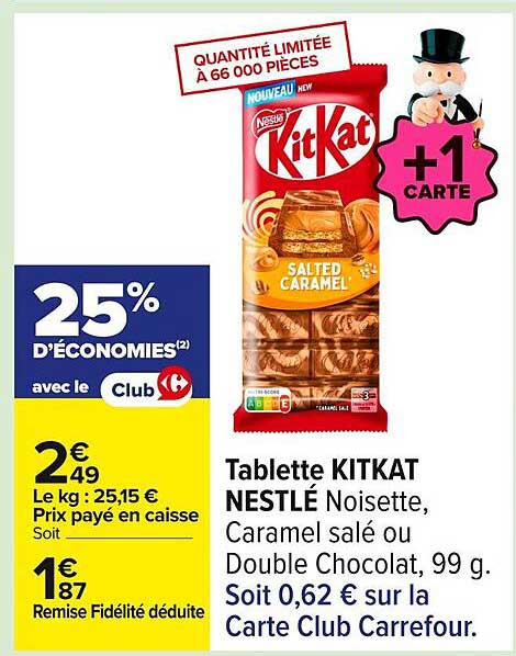 Tablette KITKAT NESTLÉ Noisette, Caramel salé ou Double Chocolat, 99 g