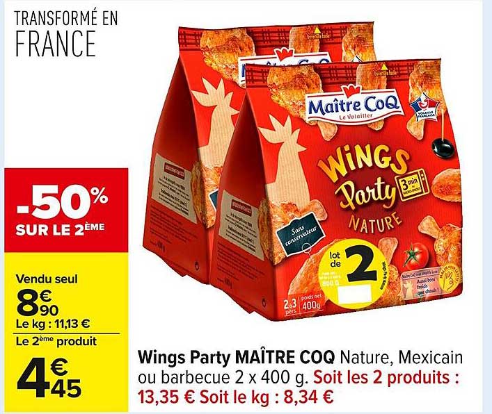 Wings Party MAÎTRE COQ Nature, Mexicain ou barbecue 2 x 400 g