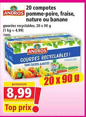20 compotes pomme-poire, fraise, nature ou banane