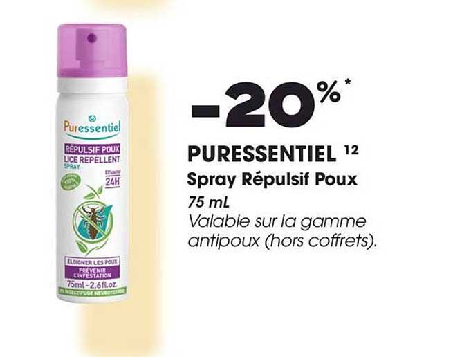-20%* PURESSENTIEL 12 Spray Répulsif Poux 75 mL Valable sur la gamme antipoux (hors coffrets).