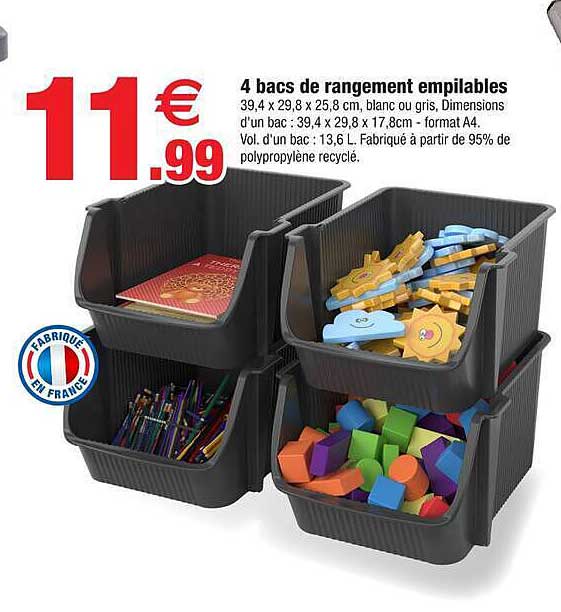 4 bacs de rangement empilables