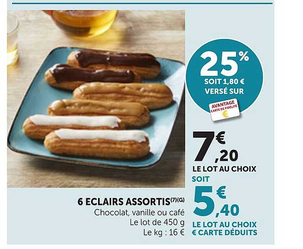 6 ECLAIRS ASSORTIS(7)(G) Chocolat, vanille ou café Le lot de 450 g Le kg : 16 €