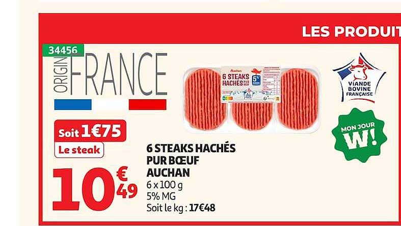 6 STEAKS HACHÉS PUR BOEUF AUCHAN