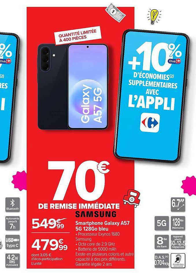 70€ DE REMISE IMMÉDIATE SAMSUNG Smartphone Galaxy A57 5G 128go bleu