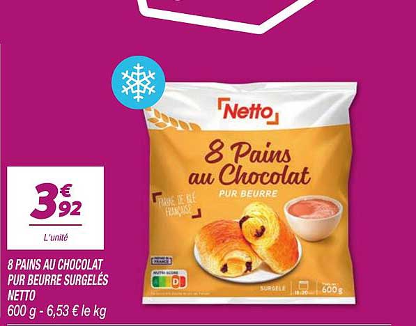8 Pains au Chocolat Pur Beurre Surgelés Netto 600 g
