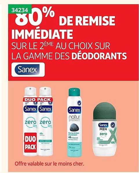 80% DE REMISE IMMÉDIATE SUR LE 2ÈME AU CHOIX SUR LA GAMME DES DÉODORANTS Sanex
