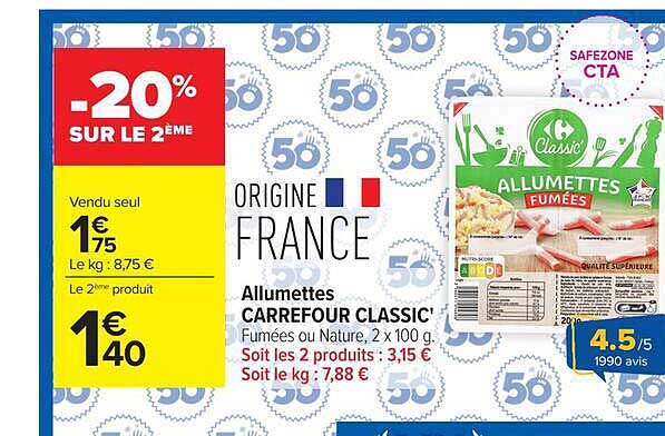 ALLUMETTES CARREFOUR CLASSIC' Fumées ou Nature, 2 x 100 g.