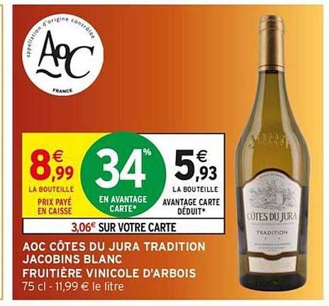 AOC CÔTES DU JURA TRADITION JACOBINS BLANC FRUITIÈRE VINICOLE D'ARBOIS 75 cl - 11,99 € le litre