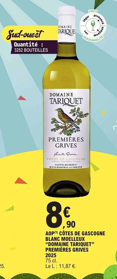 AOP CÔTES DE GASCOGNE BLANC MOELLEUX “DOMAINE TARIQUET” PREMIÈRES GRIVES 2025