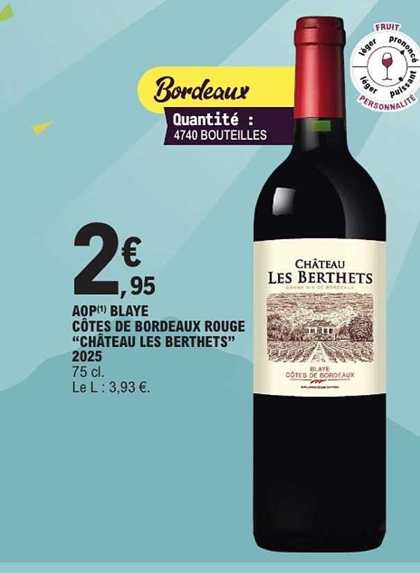 AOP(1) BLAYE CÔTES DE BORDEAUX ROUGE “CHÂTEAU LES BERTHETS” 2025 75 cl.