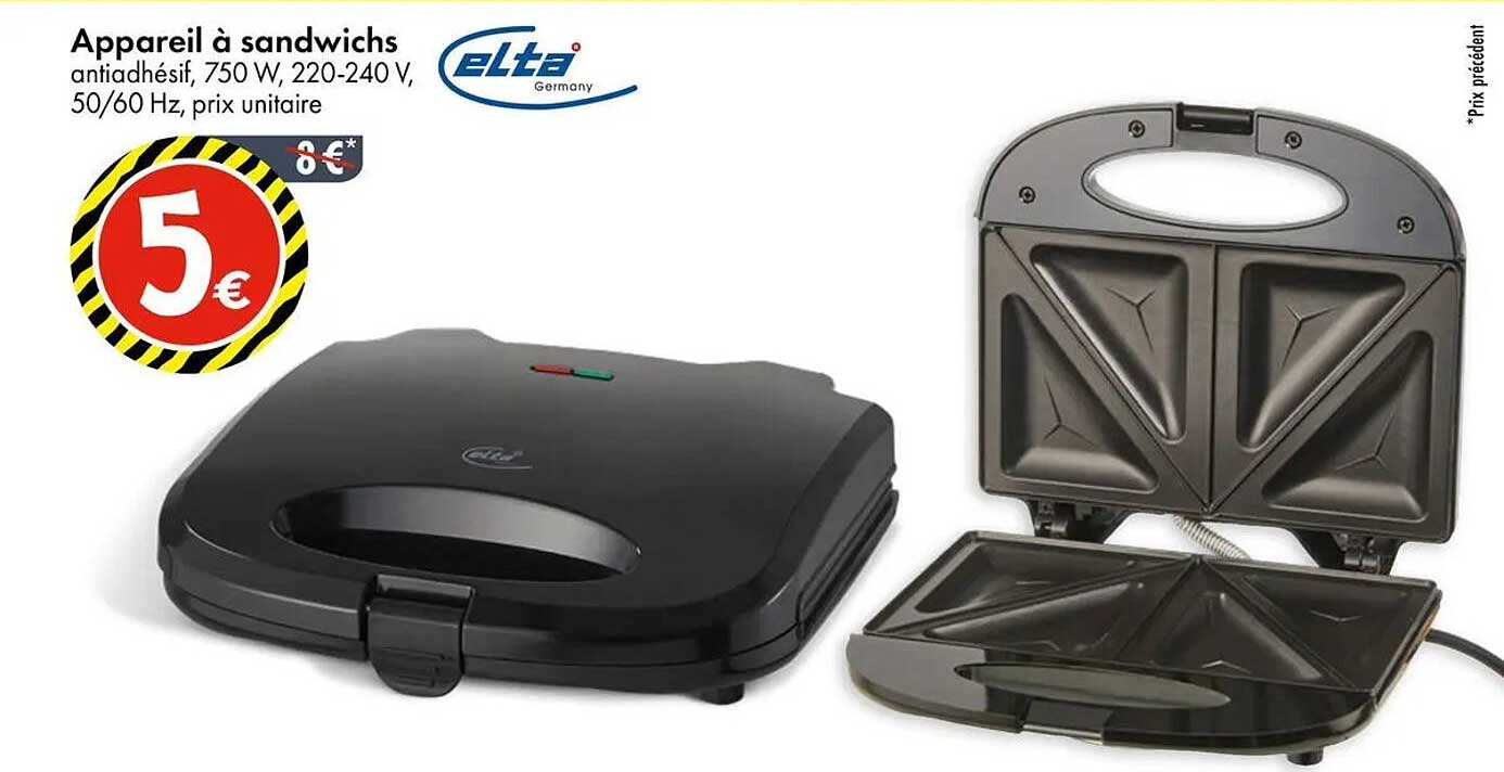 Appareil à sandwichs antiadhésif, 750 W, 220-240 V, 50/60 Hz, prix unitaire